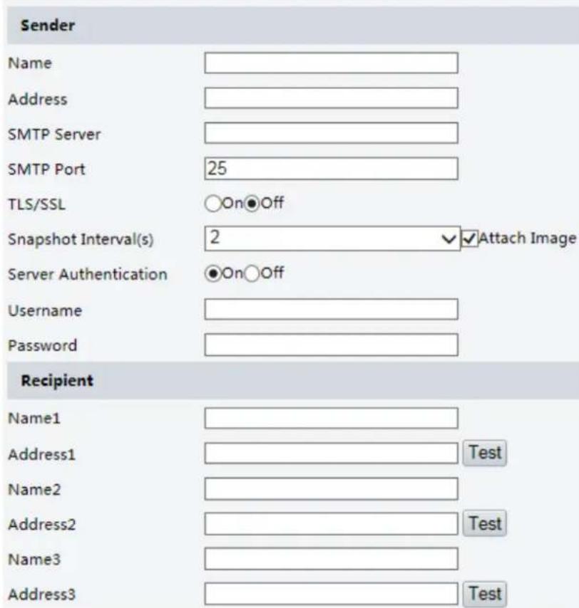 Sender Name Address SMTP Server SMTP Port 25 TLS/SSL ○On●Off Snapshot Interval(s) 2 ▼ Attach Image Server Authentication ●On○Off Username Password Recipient Name1 Address1 Test Name2 Address2 Test Name3 Address3 Test