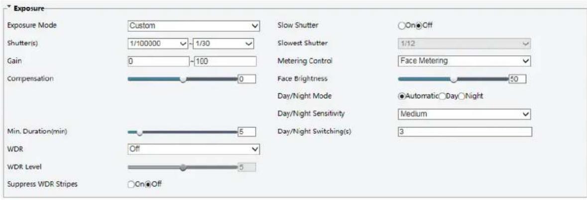 Exposure Exposure Mode Custom Shutter(s) 1/100000 -1/30 Gain 0 -100 Compensation 0 Min. Duration(min) 5 WDR Off WDR Level 5 Suppress WDR Stripes On Off Slow Shutter Slowest Shutter Metering Control Face Metering Face Brightness 50 Day/Night Mode Day/Night Sensitivity Day/Night Switching(s) Automatic Day Night Medium 3
