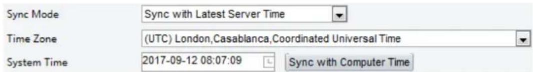 Sync Mode Sync with Latest Server Time Time Zone (UTC) London,Casablanca,Coordinated Universal Time System Time 2017-09-12 08:07:09 Sync with Computer Time