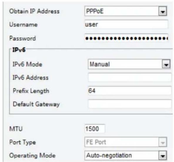 Obtain IP Address PPPoE Username user Password IPv6 IPv6 Mode Manual IPv6 Address Prefix Length 64 Default Gateway MTU 1500 Port Type FE Port Operating Mode Auto-negotiation