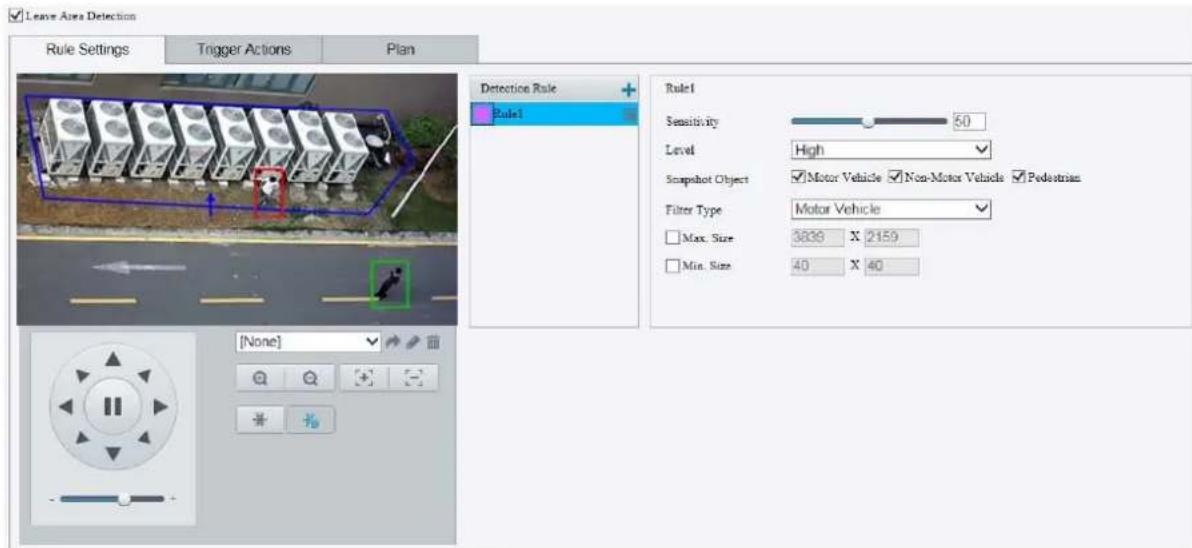 Leave Area Detection Rule Settings Trigger Actions Plan Detection Rule Rule1 Rule1 Sensitivity 50 Level High Snapshot Object ☑Motor Vehicle ☑Non-Motor Vehicle ☑Pedestrian Filter Type Motor Vehicle Max. Size 3839 X 2159 Min. Size 40 X 40 [None]