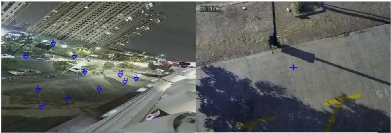 Aerial night view with marked locations and blue directional arrows, including a timestamp at 23:10:06.