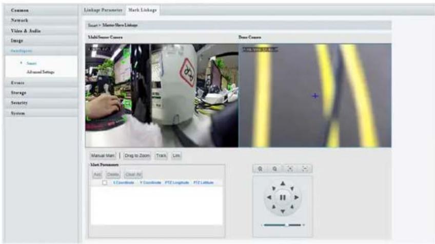Coupon Network Video & Audio Image Constructions Smart Advanced Settings Events Storage Security System Linkage Parameter Mark Linkage Smart > Multi-Sensor Linkage Multi-Sensor Connection Base Connection Manual Start Drag to Zoom Track Lins Mark Parameters Auto Create Clean Air CCertificate Y Certificate PTZ Longitude PTZ Latitude