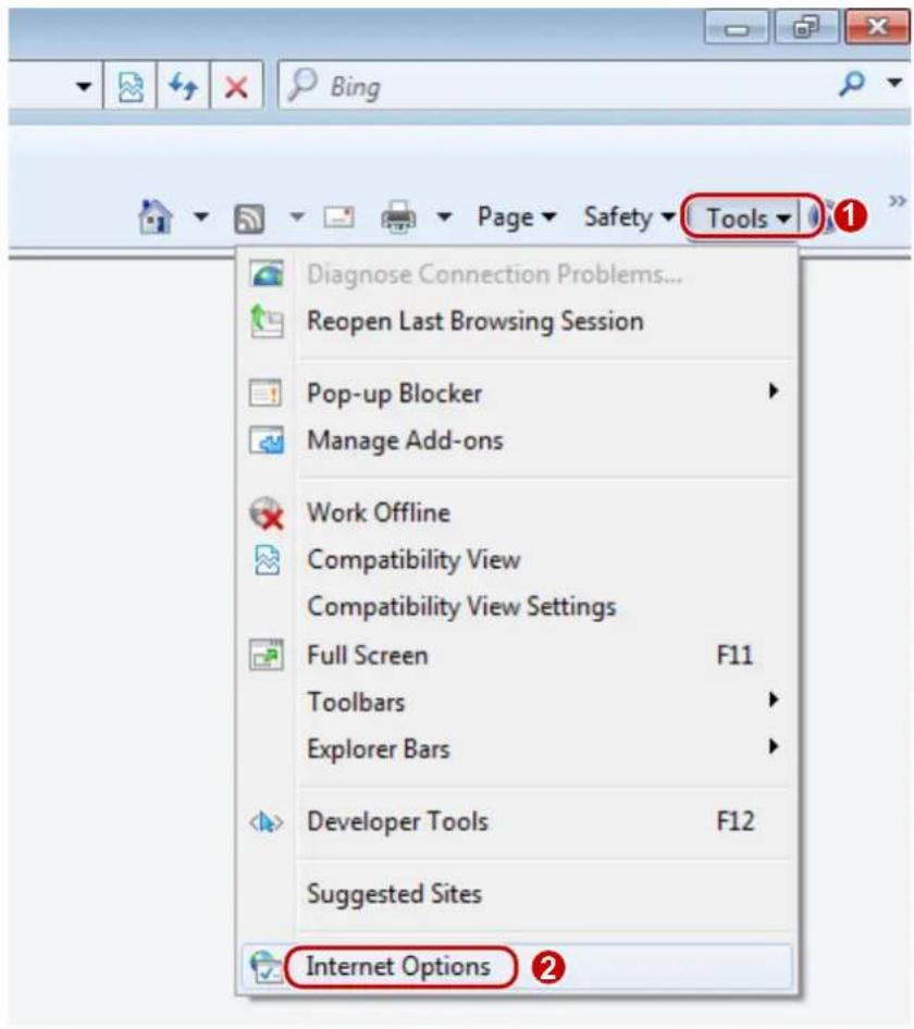 Bing Page Safety Tools Diagnose Connection Problems... Reopen Last Browsing Session Pop-up Blocker Manage Add-ons Work Offline Compatibility View Compatibility View Settings Full Screen F11 Toolbars Explorer Bars Developer Tools F12 Suggested Sites Internet Options ②