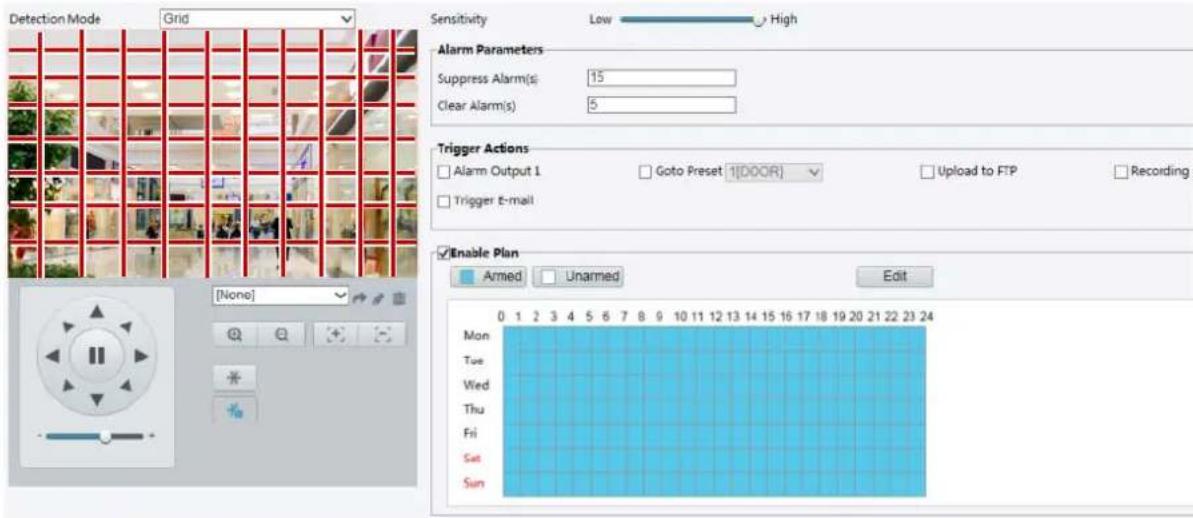 Detection Mode Grid Sensitivity Low High Alarm Parameters Suppress Alarm(s) 15 Clear Alarm(s) 5 Trigger Actions Alarm Output 1 Goto Preset 1[DOOR] Upload to FTP Recording Trigger E-mail Enable Plan Armed Unarmed Edit Mon Tue Wed Thu Fri Sat Sun