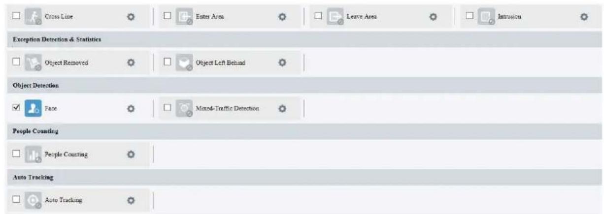 Cross Line Enter Area Leave Area Intrusion Exception Detection & Statistics Object Removed Object Left Behind Object Detection Face Mixed-Traffic Detection People Counting People Counting Auto Tracking Auto Tracking