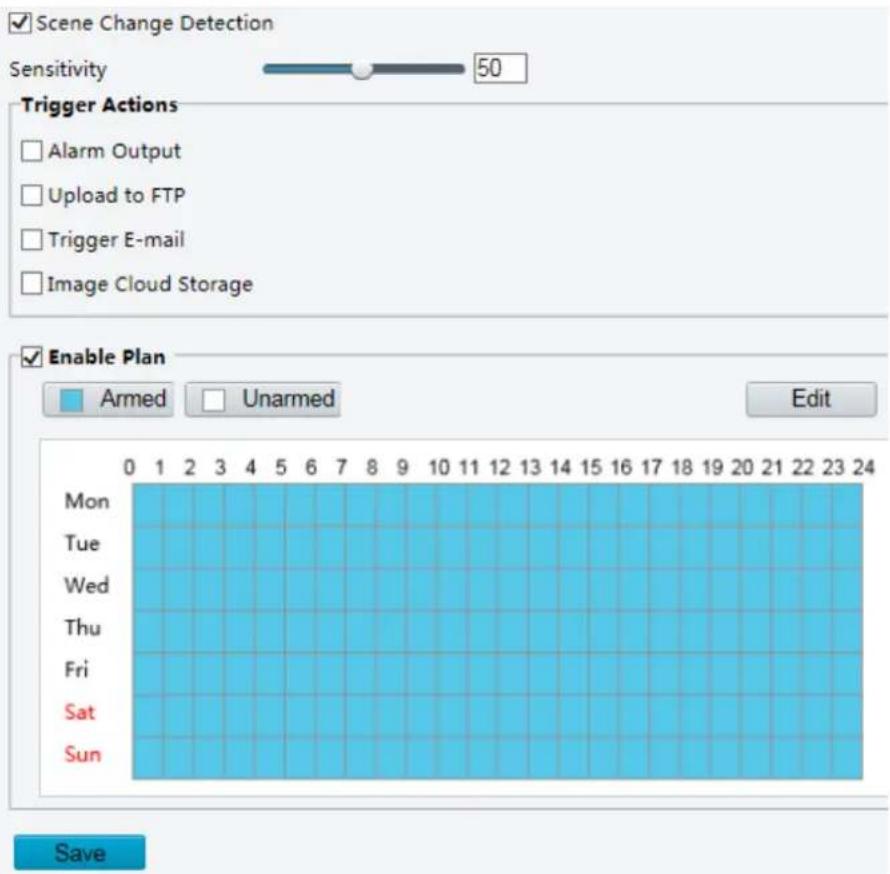✓ Scene Change Detection Sensitivity 50 Trigger Actions □ Alarm Output □ Upload to FTP □ Trigger E-mail □ Image Cloud Storage ✓ Enable Plan Armed Unarmed Edit Mon 0 1 2 3 4 5 6 7 8 9 10 11 12 13 14 15 16 17 18 19 20 21 22 23 24 Tue Wed Thu Fri Sat Sun Save