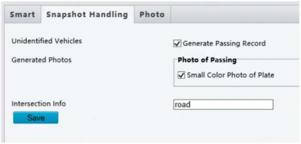 Smart Snapshot Handling Photo Unidentified Vehicles ✓ Generate Passing Record Generated Photos Photo of Passing ✓ Small Color Photo of Plate Intersection Info road Save