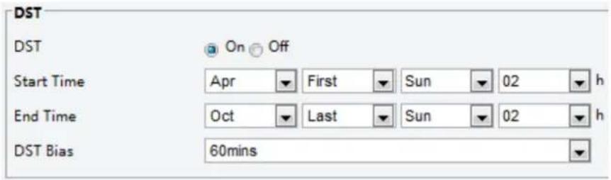DST DST On Off Start Time Apr First Sun 02 h End Time Oct Last Sun 02 h DST Bias 60mins