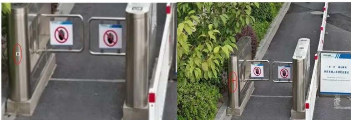 Street photo showing two security gate switches with visible Chinese text and red circular markers indicating locations or restrictions.