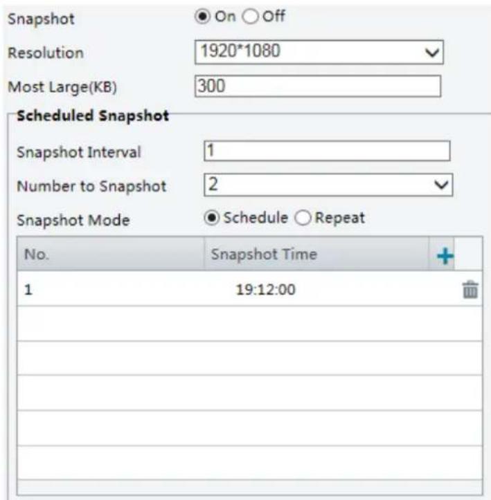 Snapshot On Off Resolution 1920*1080 Most Large(KB) 300 Scheduled Snapshot Snapshot Interval 1 Number to Snapshot 2 Snapshot Mode Schedule Repeat No. Snapshot Time + 1 19:12:00