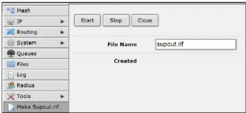 Mesh IP Routing System Queues Files Log Radius Tools Make Supout.rif Start Stop Close File Name supout.rif Created