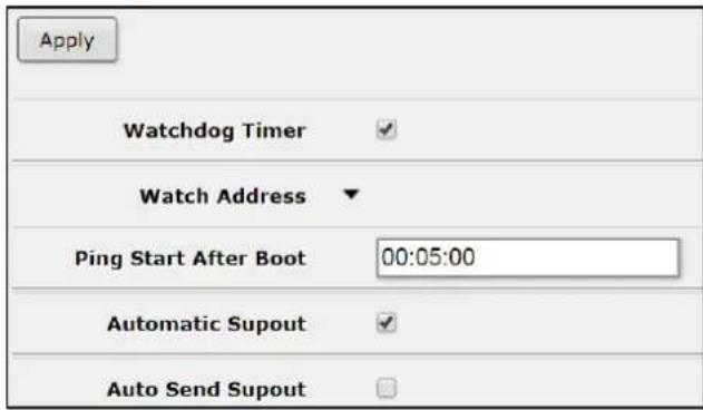 Apply Watchdog Timer ✓ Watch Address ✓ Ping Start After Boot 00:05:00 Automatic Supout ✓ Auto Send Supout □