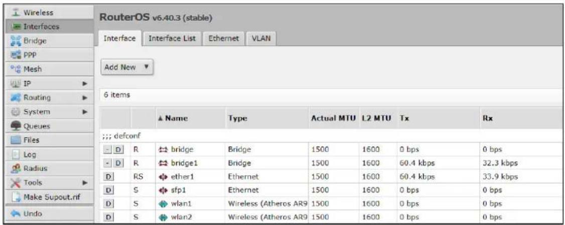 RouterOS v6.40.3 (stable) Interface Interface List Ethernet VLAN Add New 6 items Name Type Actual MTU L2 MTU Tx Rx ;; defconf -D R bridge Bridge 1500 1600 0 bps 0 bps -D R bridge1 Bridge 1500 1600 60.4 kbps 32.3 kbps D RS ether1 Ethernet 1500 1600 60.4 kbps 33.9 kbps D S sfp1 Ethernet 1500 1600 0 bps 0 bps D S wlan1 Wireless (Atheros AR9 1500 1600 0 bps 0 bps D S wlan2 Wireless (Atheros AR9 1500 1600 0 bps 0 bps