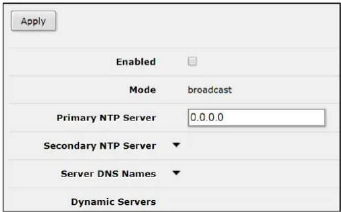 Apply Enabled Mode broadcast Primary NTP Server 0.0.0.0 Secondary NTP Server ▼ Server DNS Names ▼ Dynamic Servers