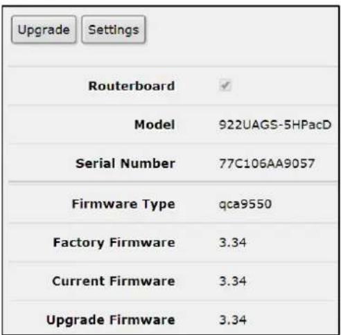 Upgrade Settings Routerboard ✓ Model 922UAGS-5HPacD Serial Number 77C106AA9057 Firmware Type qca9550 Factory Firmware 3.34 Current Firmware 3.34 Upgrade Firmware 3.34