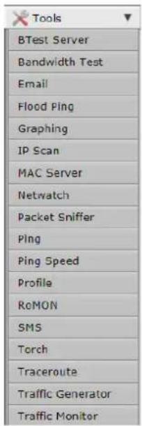 Tools BTest Server Bandwidth Test Email Flood Ping Graphing IP Scan MAC Server Netwatch Packet Sniffer Ping Ping Speed Profile RoMON SMS Torch Traceroute Traffic Generator Traffic Monitor