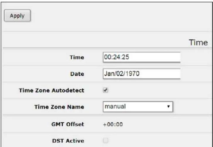 Apply Time Time 00:24:25 Date Jan/02/1970 Time Zone Autodetect ✓ Time Zone Name manual ✓ GMT Offset +00:00 DST Active □