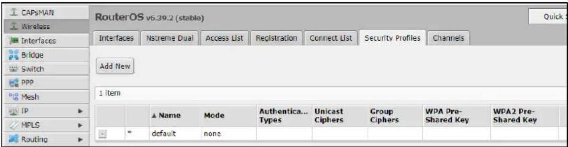 CAPsMAN Wireless Interfaces Bridge Switch PPP Mesh IP MPLS Routing RouterOS v6.39.2 (stable) Interfaces Nstreme Dual Access List Registration Connect List Security Profiles Channels Add New 1 Item Name Mode Authentica...Types Unicast Ciphers Group Ciphers WPA Pre-Shared Key WPA2 Pre-Shared Key *default台灣none
