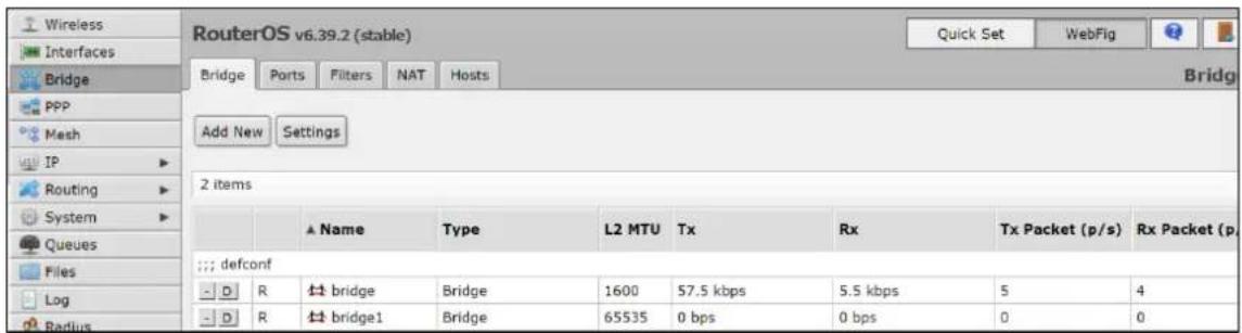 RouterOS v6.39.2 (stable) Quick Set WebFig Bridge Ports Filters NAT Hosts Bridge Add New Settings 2 items Name Type L2 MTU Tx Rx Tx Packet (p/s) Rx Packet (p) defconf R bridge Bridge 1600 57.5 kbps 5.5 kbps 5 4 R bridge1 Bridge 65535 0 bps 0 bps 0 0