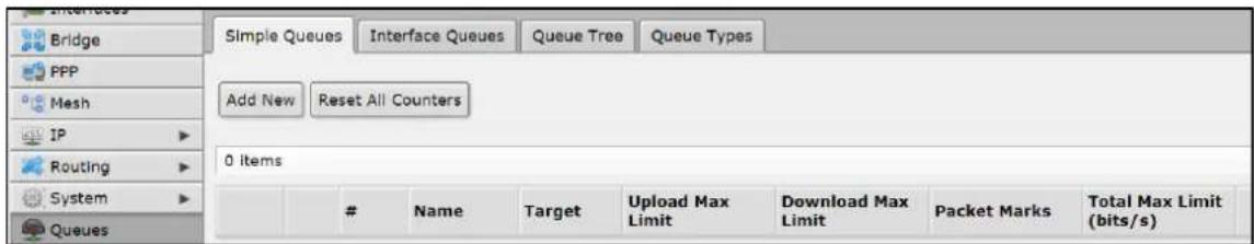 Bridge PPP Mesh IP Routing System Queues Simple Queues Interface Queues Queue Tree Queue Types Add New Reset All Counters 0 items Name Target Upload Max Limit Download Max Limit Packet Marks Total Max Limit (bits/s)