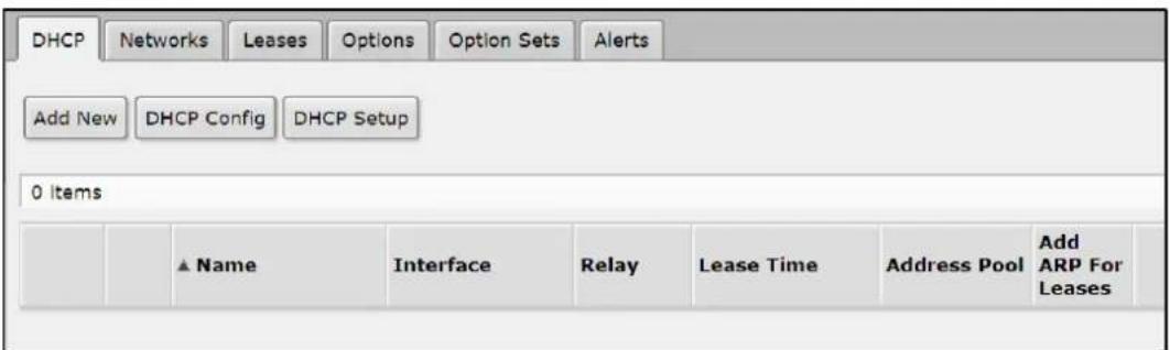 DHCP Networks Leases Options Option Sets Alerts Add New DHCP Config DHCP Setup 0 Items ▲ Name Interface Relay Lease Time Address Pool Add ARP For Leases