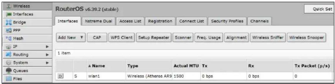 RouterOS v6.39.2 (stable) Interfaces Nxtreme Dual Access List Registration Connect List Security Profiles Channels Add New CAP WPS Client Setup Repeater Scanner Freq. Usage Alignment Wireless Sniffer Wireless Snooper 1 item Name Type Actual MTU Tx Rx Tx Packet (p/s) S wlan1 Wireless (Atheros AR9 1500 0 bps 0 bps 0