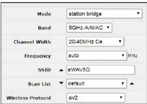 Mode station bridge Band 5GHz-A/N/AC Channel Width 20/40MHz Ce Frequency auto MHz SSID eWAV5G Scan List default Wireless Protocol eV2