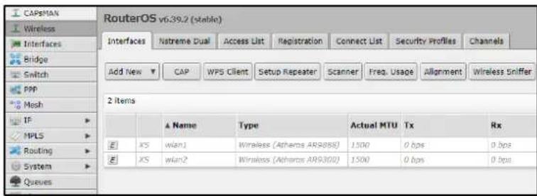 CAPsMAN Wireless Interfaces Bridge Switch PPP Mesh IF MPLS Routing System Queues RouterOS v6.39.2 (stable) Interfaces Natreme Dual Access List Registration Connect List Security Profiles Channels Add New CAP WPS Client Setup Repeater Scanner Freq. Usage Alignment Wireless Sniffer 2 items A Name Type Actual MTU Tx Rx E X5 wlan1 Wireless (Athens AR9888) 1500 0 bps 0 bps E X5 wlan2 Wireless (Athens AR9300) 1500 0 bps 0 bps