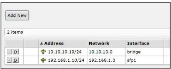 Add New 2 items Address Network Interface 10.10.10.10/24 10.10.10.0 bridge 192.168.1.10/24 192.168.1.0 sfp1