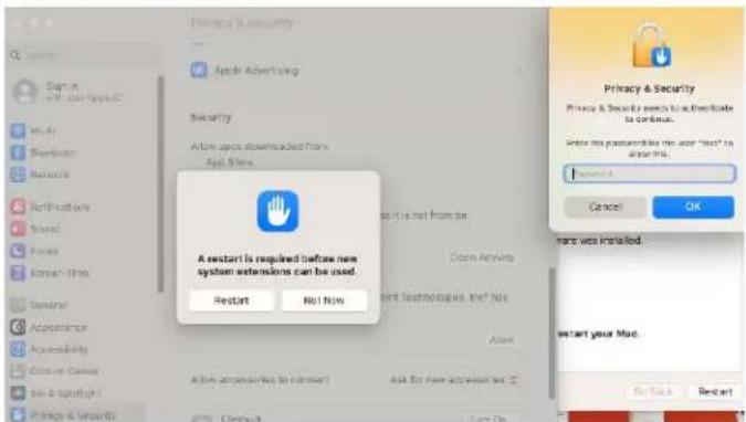 Privacy & Security Applic Advertising Security After updates downloaded from App Store A restart is required before new system extensions can be used Restart Not New Privacy & Security Privacy & Security needs to authenticate to continue. Enter my password to buy the user "check" to appropriate. Cancel OK start was installed. start your Mio. Next Back Recent