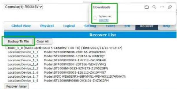 Controller(1): RS6618V Download Imported: Open file Global View Physical Logical Setting Event SHI Recover Help Recover List Backup To File Clear All RAID_5.0 (RAID Level:RAID 5 Capacity:7.00 TB) (Time:2023/11/16 5:52:37) Location:Device_1_1 Model:ST4000VN008-2DR166-WDHZ8BB Location:Device_1_2 Model:ST2000VX000-1CU164-W16BN3QT Location:Device_1_3 Model:ST8000VX0002-1Z6112-ZA10NEH8 Location:Device_1_4 Model:ST4000VX007-2DT166-WDHZVMQ Location:Device_1_5 Model:ST1000NM0033-9ZM173-ZIW5ZGPN Location:Device_1_6 Model:ST8000VX0002-1Z6112-ZA10PMG7 Location:Device_1_7 Model:WD6 WD60EFRX-68MYMN1-WD-WX1D74RHV7A Location:Device_1_8 Model:ST12000NM0008-2H3101-ZHZOC2PM Recover Array