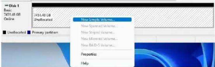 Disk 1 Basic 7451.48 GB Online 7451.48 GB Unallocated New Simple Volume... New Spanned Volume... New Striped Volume... New Mirrored Volume... New RAID-S Volume... Properties Help