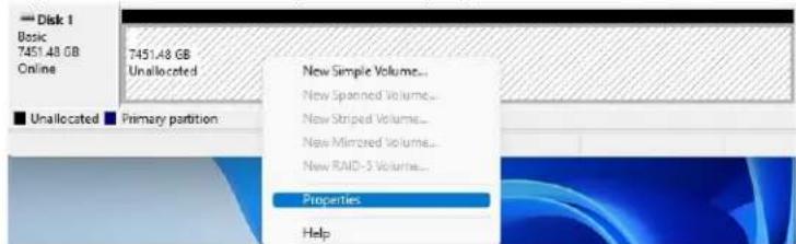 Disk 1 Basic 7451.48 GB Online 7451.48 GB Unallocated New Simple Volume... New Spanned Volume... New Striped Volume... New Mirrored Volume... New RAID-3 Volume... Properties Help