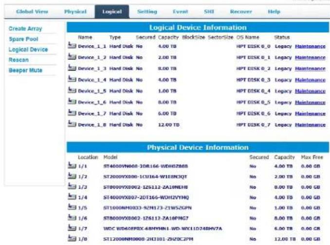 Global View Physical Logical Setting Event SHI Recover Help Create Array Spare Pool Logical Device Rescan Beaper Mute Logical Device Information Name Type Secured Capacity BlockSize SectorSize OS Name Status Device_1_1 Hard Disk No 4.00 TB HPT DISK 6_0 Legacy Maintenance Device_1_2 Hard Disk No 2.00 TB HPT DISK 6_1 Legacy Maintenance Device_1_3 Hard Disk No 8.00 TB HPT DISK 6_2 Legacy Maintenance Device_1_4 Hard Disk No 4.00 TB HPT DISK 6_3 Legacy Maintenance Device_1_5 Hard Disk No 1.00 TB HPT DISK 6_4 Legacy Maintenance Device_1_6 Hard Disk No 8.00 TB HPT DISK 6_5 Legacy Maintenance Device_1_7 Hard Disk No 6.00 TB HPT DISK 6_6 Legacy Maintenance Device_1_8 Hard Disk No 12.00 TB HPT DISK 6_7 Legacy Maintenance Physical Device Information Location Model Secured Capacity Max Free 1/1 ST4000VN000-2DR166-WDH0Z86B No 4.00 TB 0.00 GB 1/2 ST2000VX000-1CU164-WI18N3QT No 2.00 TB 0.00 GB 1/3 ST8000VX0002-1Z6112-ZA19NELH No 8.00 TB 0.00 GB 1/4 ST4000VX007-2DT166-WDH2VYMQ No 4.00 TB 0.00 GB 1/5 ST1000NM0033-92M173-ZIW5ZGPN No 1.00 TB 0.00 GB 1/6 ST8000VX002-1Z6112-ZA19PGG7 No 8.00 TB 0.00 GB 1/7 WDC WD60FFDX-68MYMN1-WD-WX11D74BHV7A No 6.00 TB 0.00 GB 1/8 ST12000NN0008-2H3181-ZH2OCZPM No 12.00 TB 0.00 GB