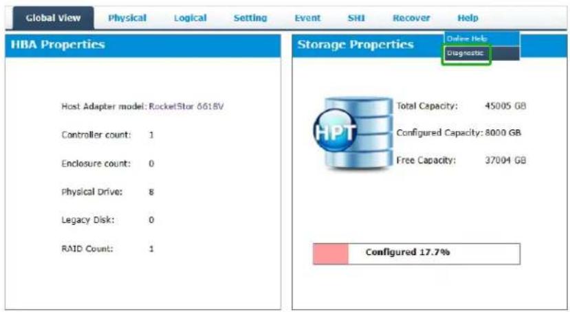 Global View Physical Logical Setting Event SHI Recover Help HBA Properties Host Adapter model: RocketStor 6618V Controller count: 1 Enclosure count: 0 Physical Drive: 8 Legacy Disk: 0 RAID Count: 1 Storage Properties Online Help Diagnostic Total Capacity: 45005 GB Configured Capacity: 8000 GB Free Capacity: 37004 GB Configured 17.7%