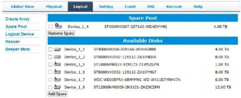 Global View Physical Logical Setting Event SHI Recover Help Spare Pool Create Array Spare Pool Device_1_4 ST4000VX007-2DT166-WDH2VYMQ 4.00 TB Logical Device Remove Spare Available Disks Device_1_1 ST4000VN008-2DR166-WDH0Z8BB 4.00 TB Device_1_3 ST8000VX0002-1Z6112-ZA10NEH8 8.00 TB Device_1_5 ST1000NM0033-9ZM173-Z1WSZGPN 1.00 TB Device_1_6 ST8000VX0002-1Z6112-ZA10PMG7 8.00 TB Device_1_7 WDC WD60EFRX-68MYMN1-WD-WX11D74RHV7A 6.00 TB Device_1_8 ST12000NM0008-2H3101-ZHZOC2PM 12.00 TB Add Spare