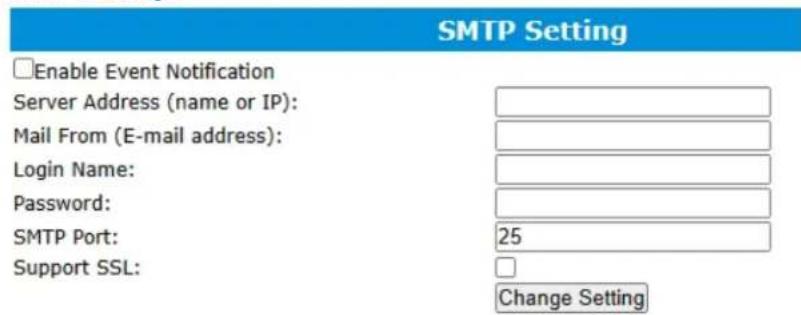 SMTP Setting Enable Event Notification Server Address (name or IP): Mail From (E-mail address): Login Name: Password: SMTP Port: 25 Support SSL: Change Setting