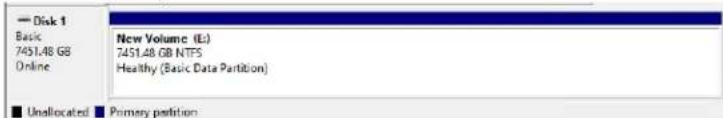 Disk 1 Basic 7451.48 GB Online New Volume (E): 7451.48 GB NTFS Healthy (Basic Data Partition) Unallocated Primary partition
