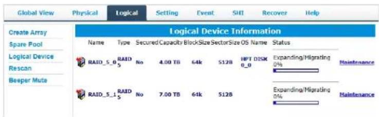 Global View Physical Logical Setting Event SHI Recover Help Create Array Spare Pool Logical Device Rescan Beeper Muta Logical Device Information Name Type Secured Capacity BlockSize SectorSize OS Name Status RAID_5_0 RAID No 4.00 TB 64k 512B HPT DISK 0_0 Expanding/Migrating 0% RAID_5_1 RAID No 7.00 TB 64k 512B Expanding/Migrating 0% Maintenance Maintenance