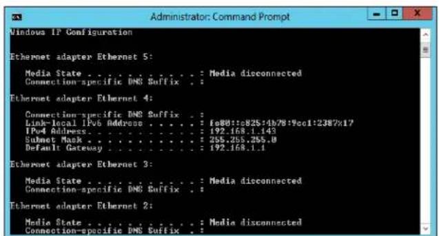 Windows IP Configuration Ethernet adapter Ethernet 5: Media State . . . . . . . . : Media disconnected Connection-specific DNS Suffix . : Ethernet adapter Ethernet 4: Connection-specific DNS Suffix . : Link-local IPv6 Address . . . . . : Fe88::c825:4b78:9cc1:2387x17 IPv4 Address . . . . . . : 192.168.1.143 Submit Mask . . . . . . . . . : 255.255.255.0 Default Gateway . . . . . . : 192.168.1.1 Ethernet adapter Ethernet 3: Media State . . . . . . . . : Media disconnected Connection-specific DNS Suffix . Ethernet adapter Ethernet 2: Media State . . . . . . . : Media disconnected Connection-specific DNS Suffix.