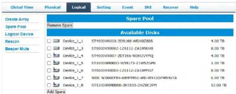 Global View Physical Logical Setting Event SHI Recover Help Create Array Spare Pool Logical Device Rescan Beeper Mute Spare Pool Remove Spare Available Disks Device_1_1 ST4000VN008-2DR166-WDH0Z88B 4.00 TB Device_1_3 ST8000VX0002-1Z6112-ZA10NEH8 8.00 TB Device_1_4 ST4000VX007-2DT166-WDH2VYMQ 4.00 TB Device_1_5 ST1000NM0033-9ZH173-Z1WSZGPN 1.00 TB Device_1_6 ST8000VX0002-1Z6112-ZA10PMG7 8.00 TB Device_1_7 WDC WD60EFRX-68MYMN1-WD-WX11D74RHV7A 6.00 TB Device_1_8 ST12000NM0008-2HZ101-ZHZ0C2PM 12.00 TB Add Spare