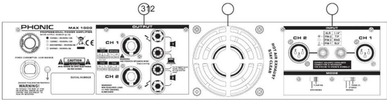 PHONIC MAX 1000 PROFESSIONAL POWER AMPLIFIER RATIO OUTPUT SWITCH @ 10 10/25VAC - ENGLISH 10A 15VAC - ENGLISH 10A 233/23VAC - RATING BA 24VAC - RATING BA POWER CONSUMPTION: USE REFERENCE CAUTION WITH, WINDS OR DRY ELECTRICAL BE PER SEVER GROUND THE SYSTEM PROPERLY WARNING! TO REMOVE THE RISK OF PIN OR PLANS ON WORK AS NOT RUN OR MOUNTING SERIAL NUMBER OUTPUT CH 1 WARNING: WIN REQUIRED LOAD: <2 PER CHANNEL MOUNTED CH 2 FOR BRIGHTING FROM WINS ONLY WITH OUT OF THE LOAD CH 1 WARNING: WIN REQUIRED LOAD: <2 PER CHANNEL MOUNTED CH 2 INPUT XLR 1/4" PIN 2 TIP PIN 3 RING PIN 1 SLV CURRENT ALABORY RELAUXER CONNECTION IS NOOREARY FOR SYSTEM TO STRIKE CANALUO MODE FLOAT MS FAMULIT. DRUMBER HOT AIR EXHAUST STAY CLEAR