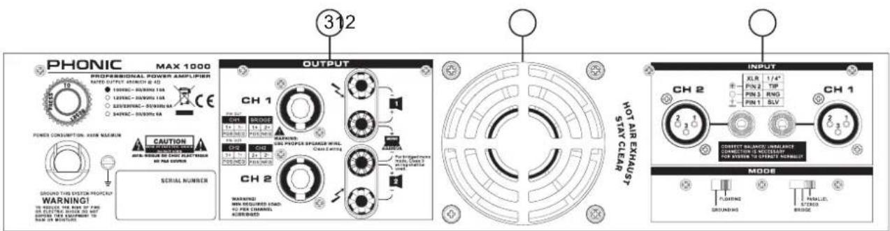 PHONIC MAX 1000 PROFESSIONAL POWER AMPLIFIER RATED OUTPUT ARCHIT. @ 4D 1000C - BUSHING 10A 1500C - BUSHING 10A 2000C - BUSHING 9A 2500C - BUSHING 8A POWER CONSUMPTION: AIR MAIN METER CAUTION MINI-DRUM ON CABLE SWITCH SWITCH MINI PAX SOURCE SERIAL NUMBER OUTPUT CH 1 WARNING: MINI REQUIRED LOAD. NO PAX CHANNEL ABSORDED CH 2 WARNING: MINI REQUIRED LOAD. NO PAX CHANNEL ABSORDED 312 OUTPUT CH 2 WARNING: MINI REQUIRED LOAD. NO PAX CHANNEL ABSORDED HOT AIR EXHAUST! STAY CLEAR INPUT XLR 1/4" PIN 2 TIP PIN 3 RNG PIN 1 SLV CURRENT RADIUS INSURANCE CONNECTION IS NOOCCUPY FOR INSURS TO OFFTA ONLY MODE FLOATING PARALLEL GROUNDING STUDIO BROOD
