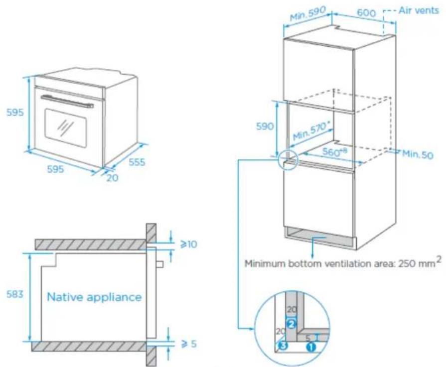 595 595 20 555 595 ≥10 583 ≥5 Native appliance Min. 590 600 Air vents 590 Min. 570° 560° Min. 50 Minimum bottom ventilation area: 250 mm² 20 20 20 5 ①