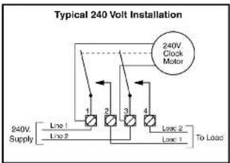 Typical 240 Volt Installation 240V Clock Motor 1 2 3 4 240V Supply Line 1 Line 2 Line 2 Line 1 To Load