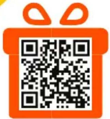 QR code with orange gift box icon above it, likely for digital scanning or linking to online content