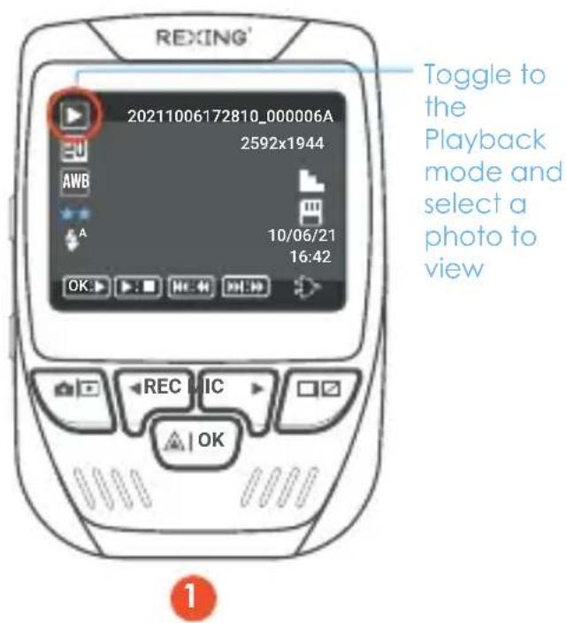 REXING' 20211006172810_000006A 2592x1944 AWB A 10/06/21 16:42 OK REC MIC OK Toggle to the Playback mode and select a photo to view