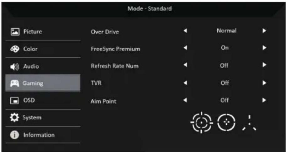 Mode - Standard Picture Over Drive Normal Color FreeSync Premium On Audio Refresh Rate Num Off Gaming TVR Off OSD Aim Point Off System Information