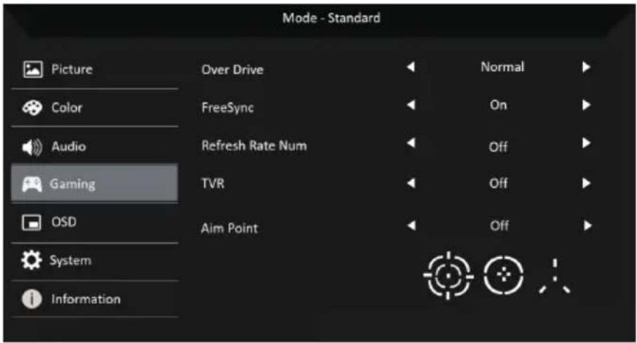 Mode - Standard Picture Over Drive Normal Color FreeSync On Audio Refresh Rate Num Off Gaming TVR Off OSD Aim Point Off System Information